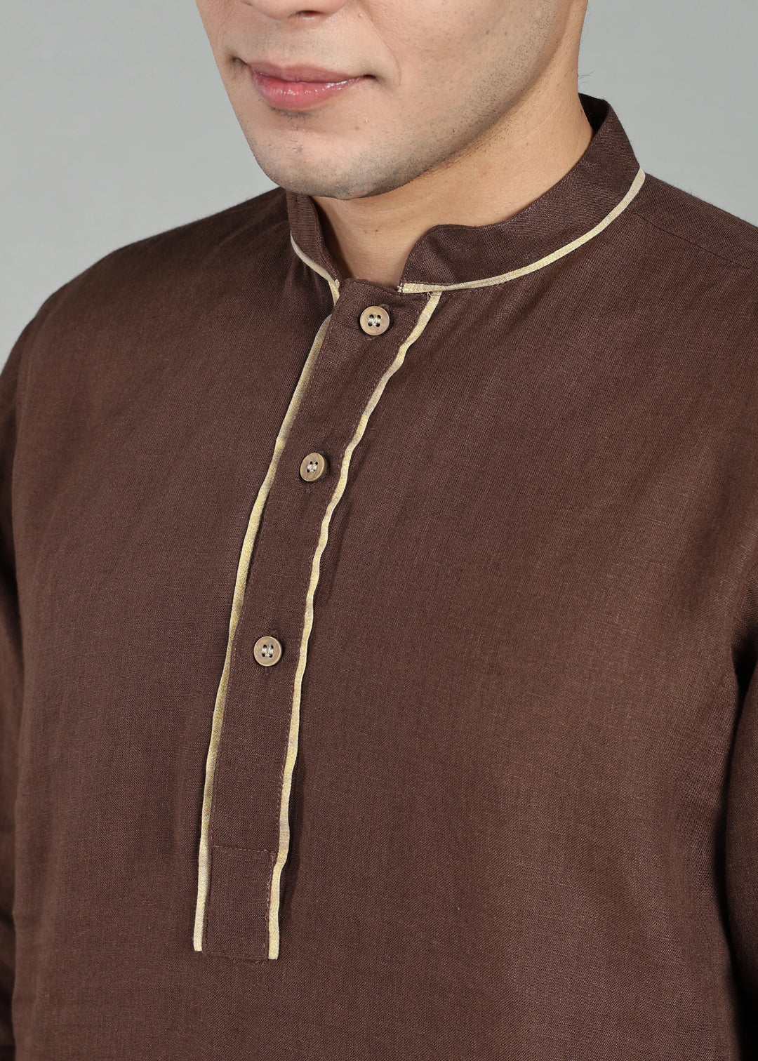 Tantu - Full Sleeve Mandarin Collar Pure Linen Mid Kurta With Kasavu Inset Detail - Coffee Brown