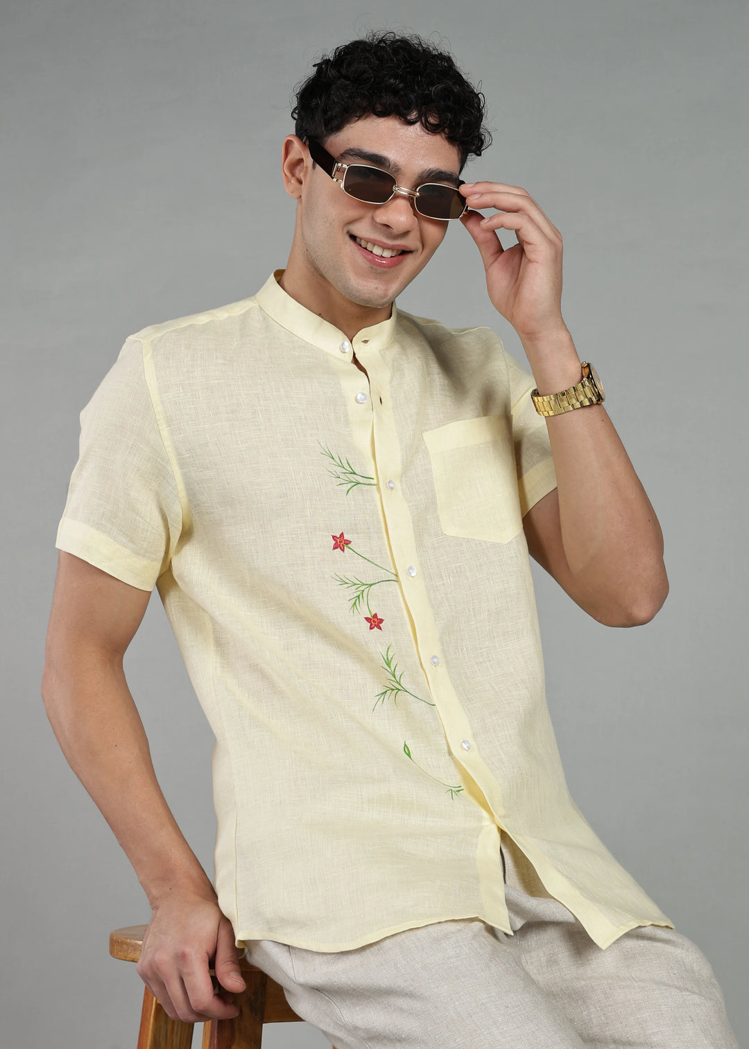 Hand-Painted Chethi - Pure Linen Half Sleeve Mandarin Collar Shirt - Light Yellow