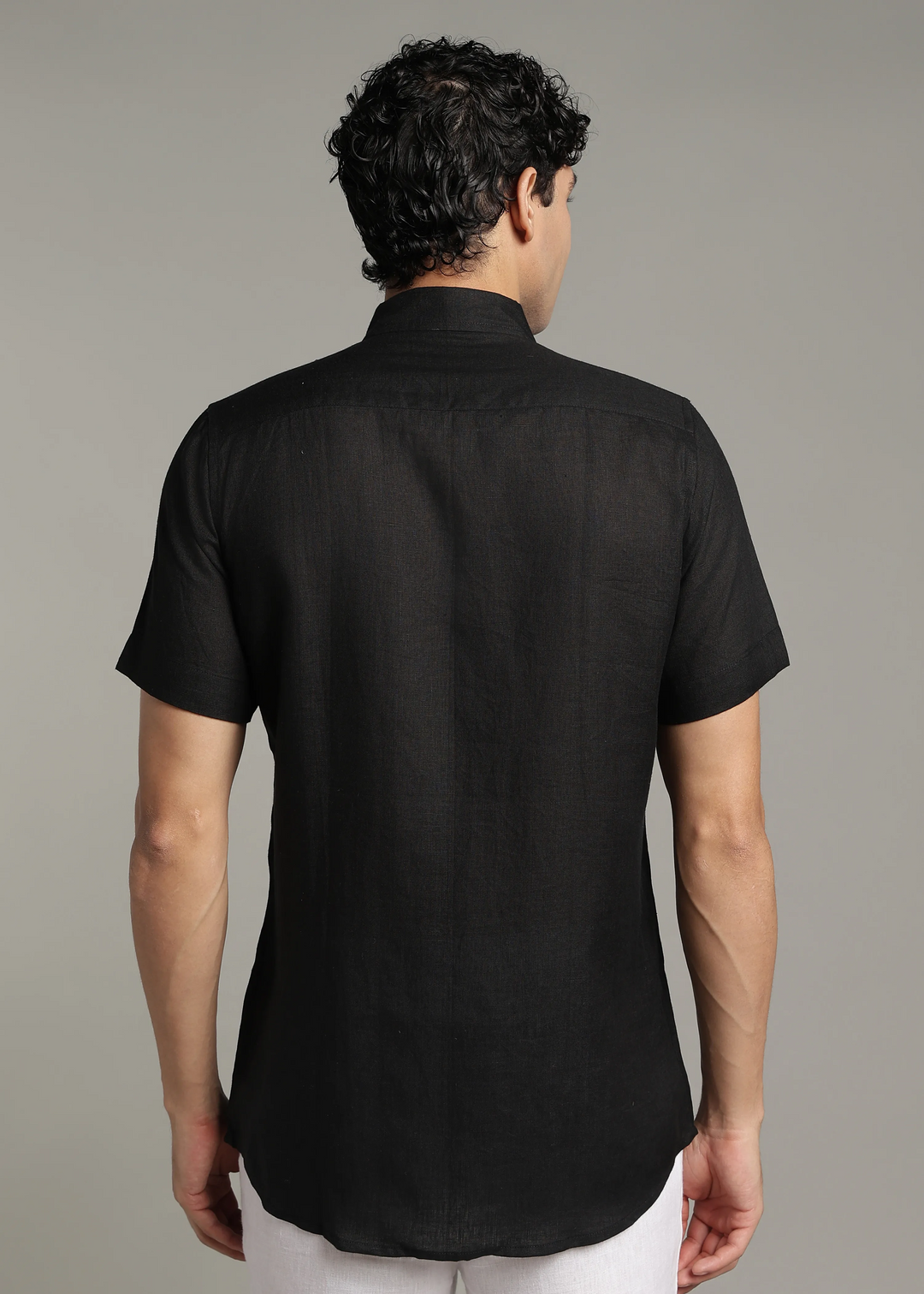 Aaina - Pure Linen Mirror Embroidered Half Sleeve Shirt - Black