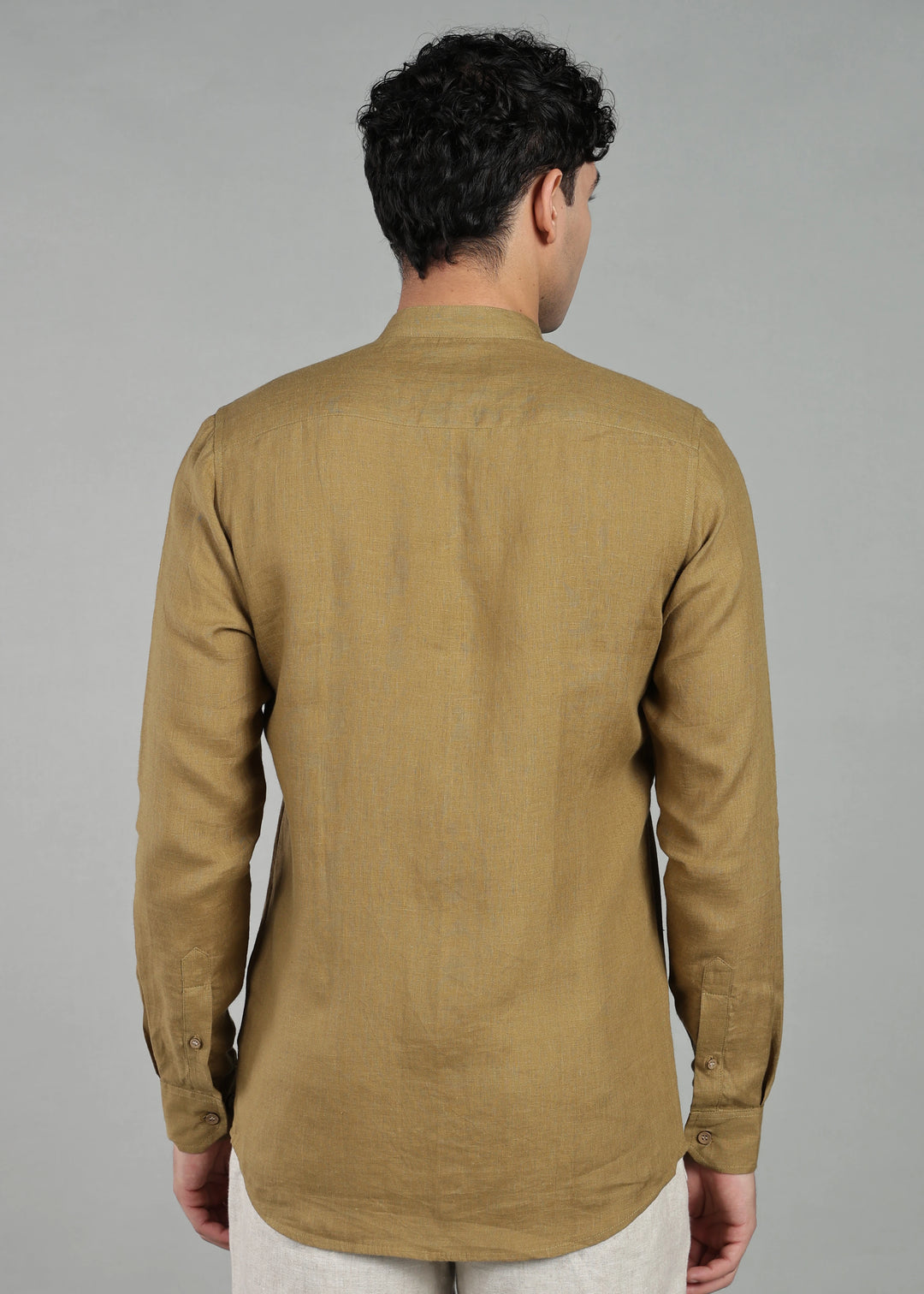 Kiran - Full Sleeve Shirt with Kasavu Inset Detail  - Golden Olive Green