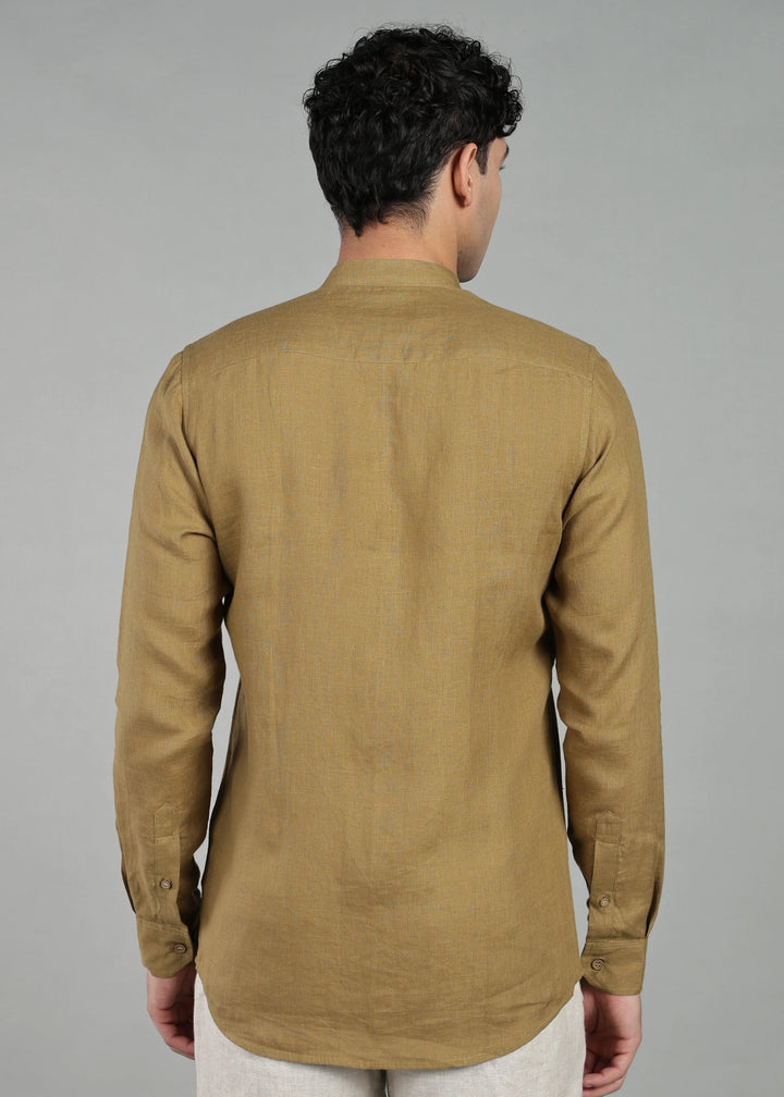 Kiran - Full Sleeve Shirt with Kasavu Inset Detail  - Golden Olive Green