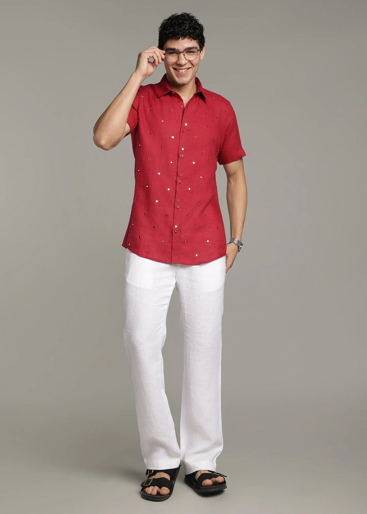 Aaina - Pure Linen Mirror Embroidered Half Sleeve Shirt - Mud Red