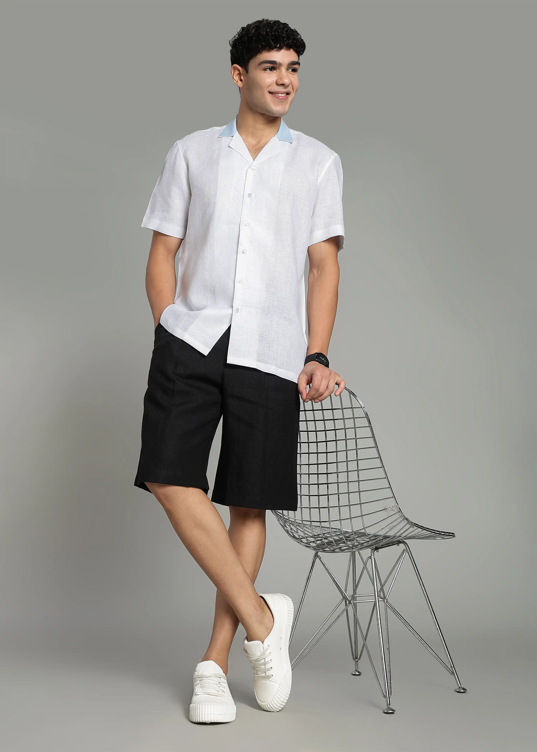 Eliot - Contrast Cuban Collar Pure Linen Half Sleeve Shirt - White
