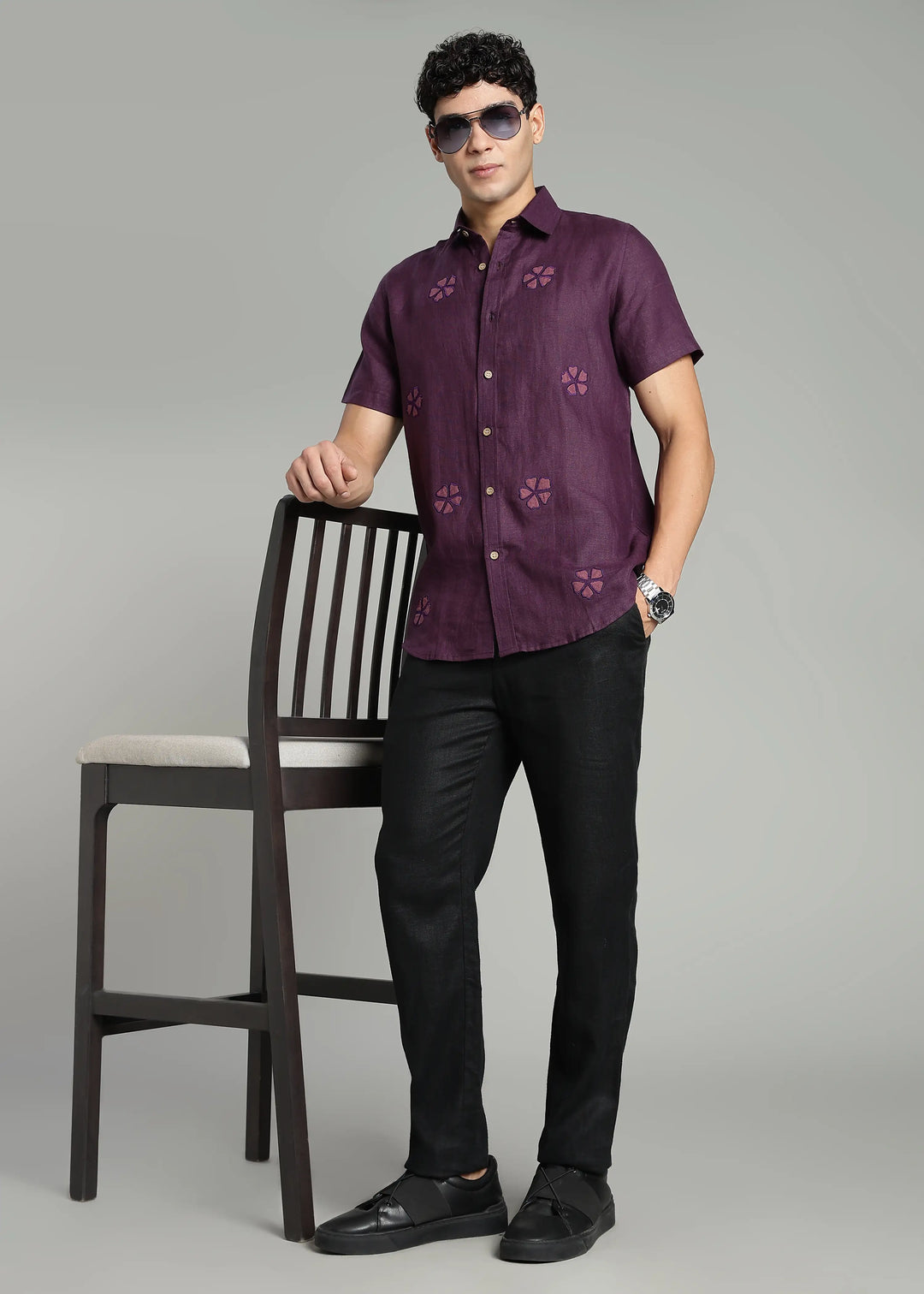 Juno - Pure Linen Appliqué Half Sleeve Shirt - Dark Purple