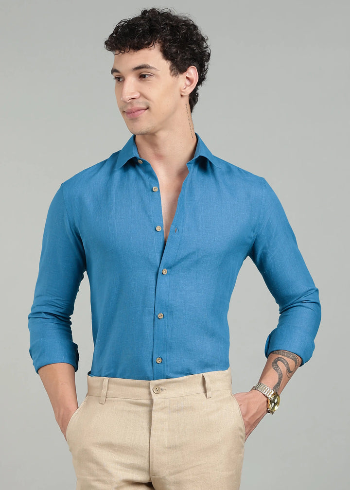Ron - Pure Linen Full Sleeve Shirt - Swedish Blue