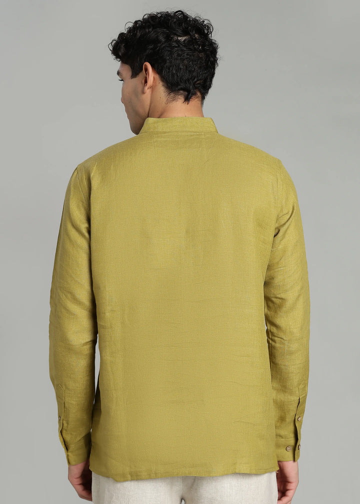 Samir - Pure Linen Full Sleeve Short Kurta Shirt with Cuff - Sap Green
