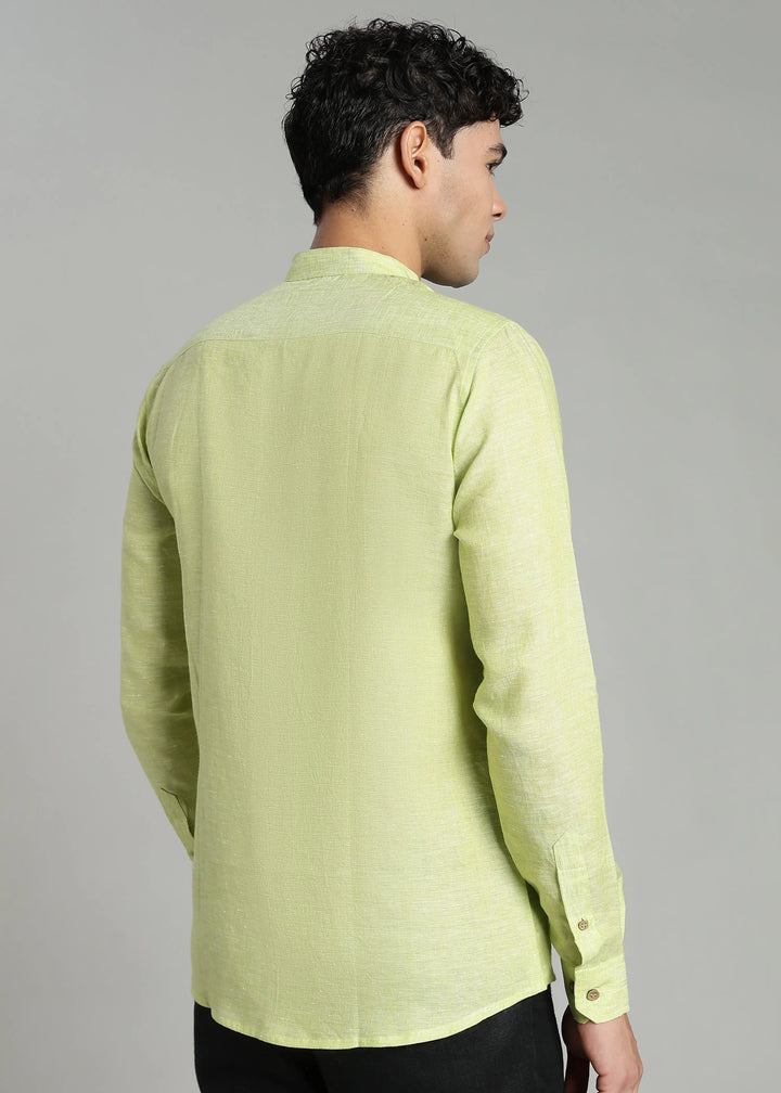 Craig - Pure Linen V Neck Full Sleeve Shirt - Light Green Chambray