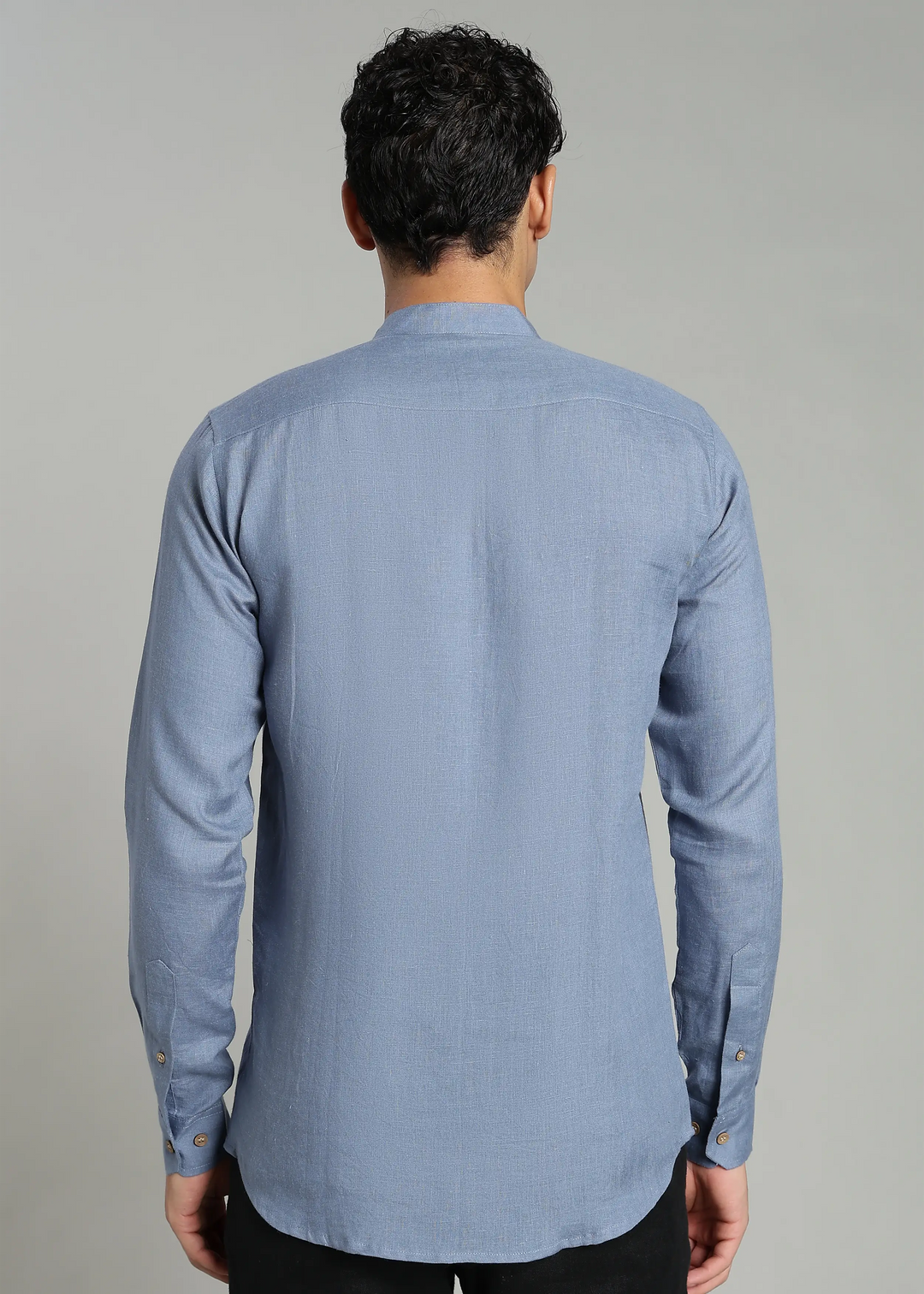 Aaron - Pure Linen Mandarin Collar Full Sleeve Shirt With Front Pocket - Blue Grey
