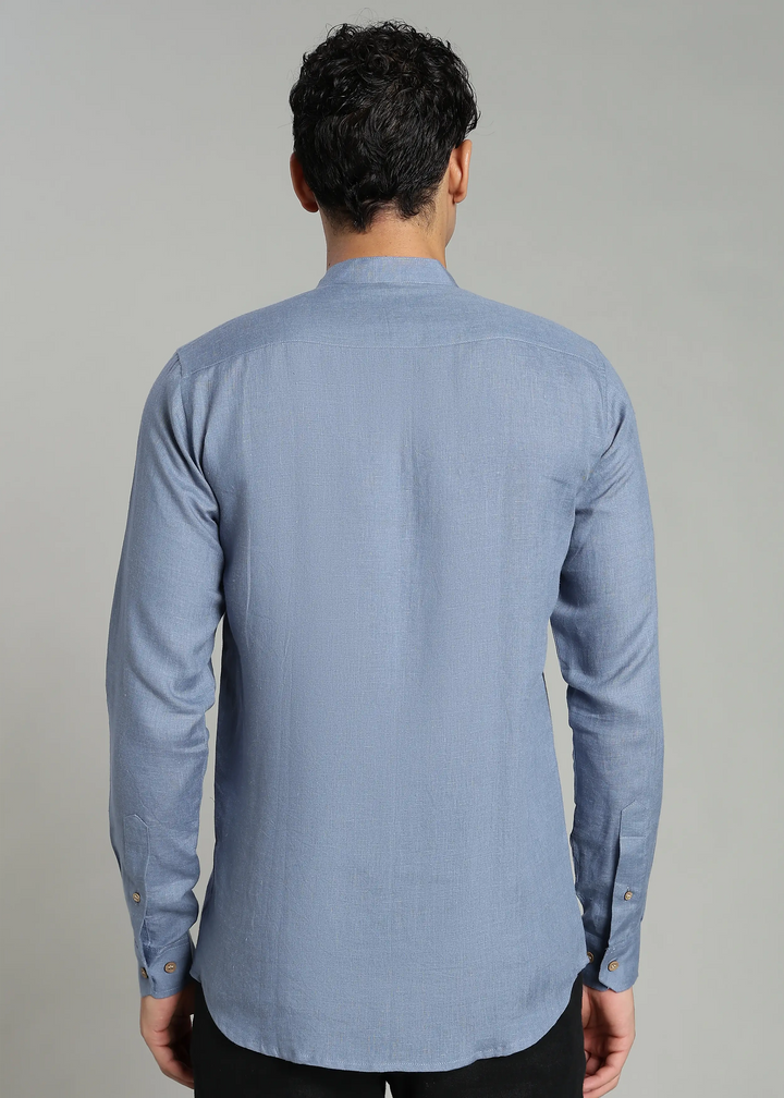 Aaron - Pure Linen Mandarin Collar Full Sleeve Shirt With Front Pocket - Blue Grey