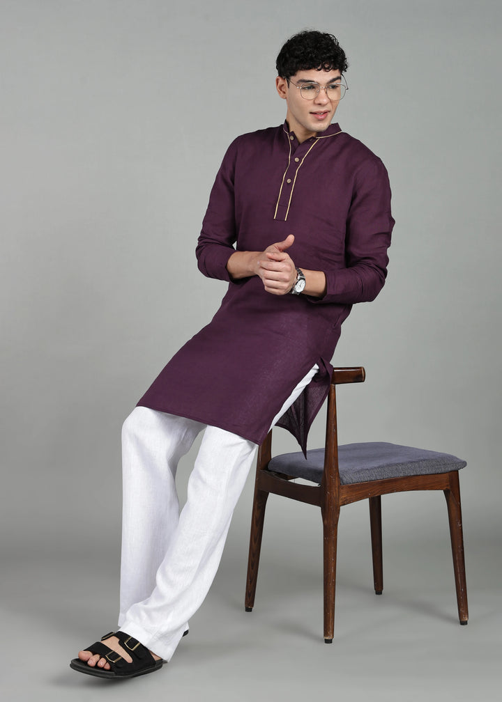 Tantu - Full Sleeve Mandarin Collar Pure Linen Mid Kurta With Kasavu Inset Detail - Dark Purple
