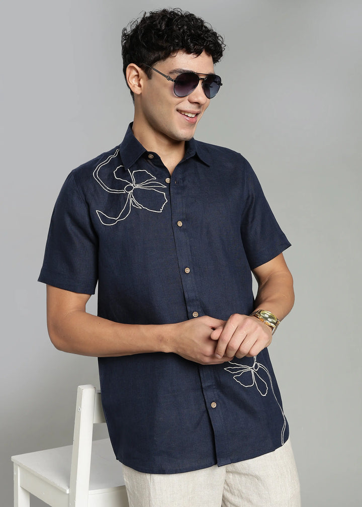 Iris - Pure Linen Appliqué Half Sleeve Shirt - Dark Blue
