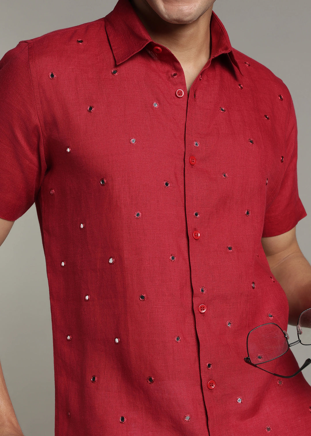 Aaina - Pure Linen Mirror Embroidered Half Sleeve Shirt - Mud Red