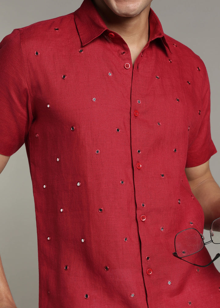 Aaina - Pure Linen Mirror Embroidered Half Sleeve Shirt - Mud Red