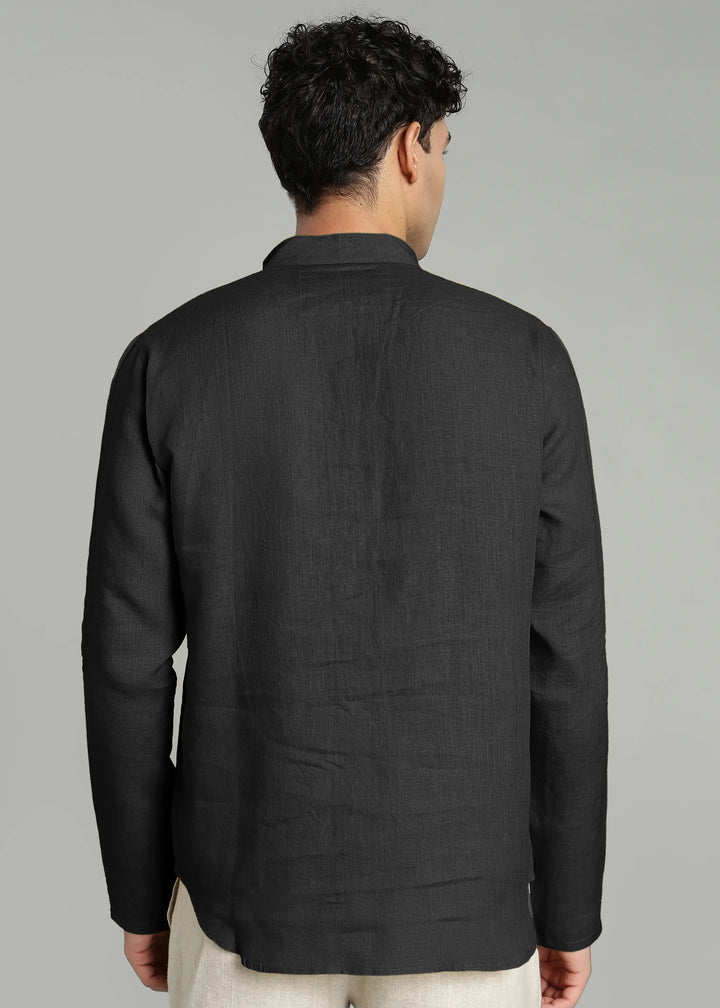 Zaeden - Pure Linen V Neck Full Sleeve Short Kurta Shirt - Black