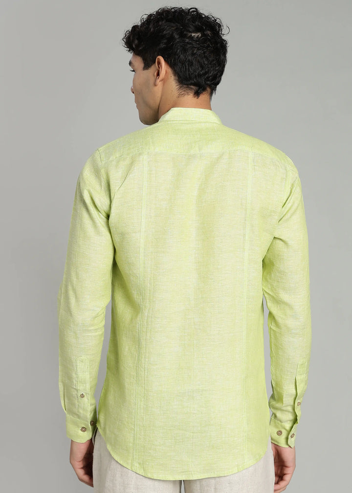 Trevor - Pure Linen Mandarin Collar Full Sleeve Shirt - Light Green Chambray