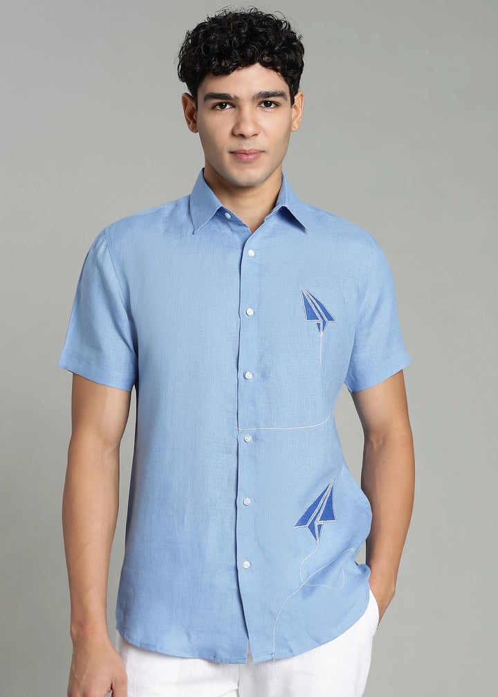 Aether - Pure Linen Appliqué Half Sleeve Shirt - Olympic Blue