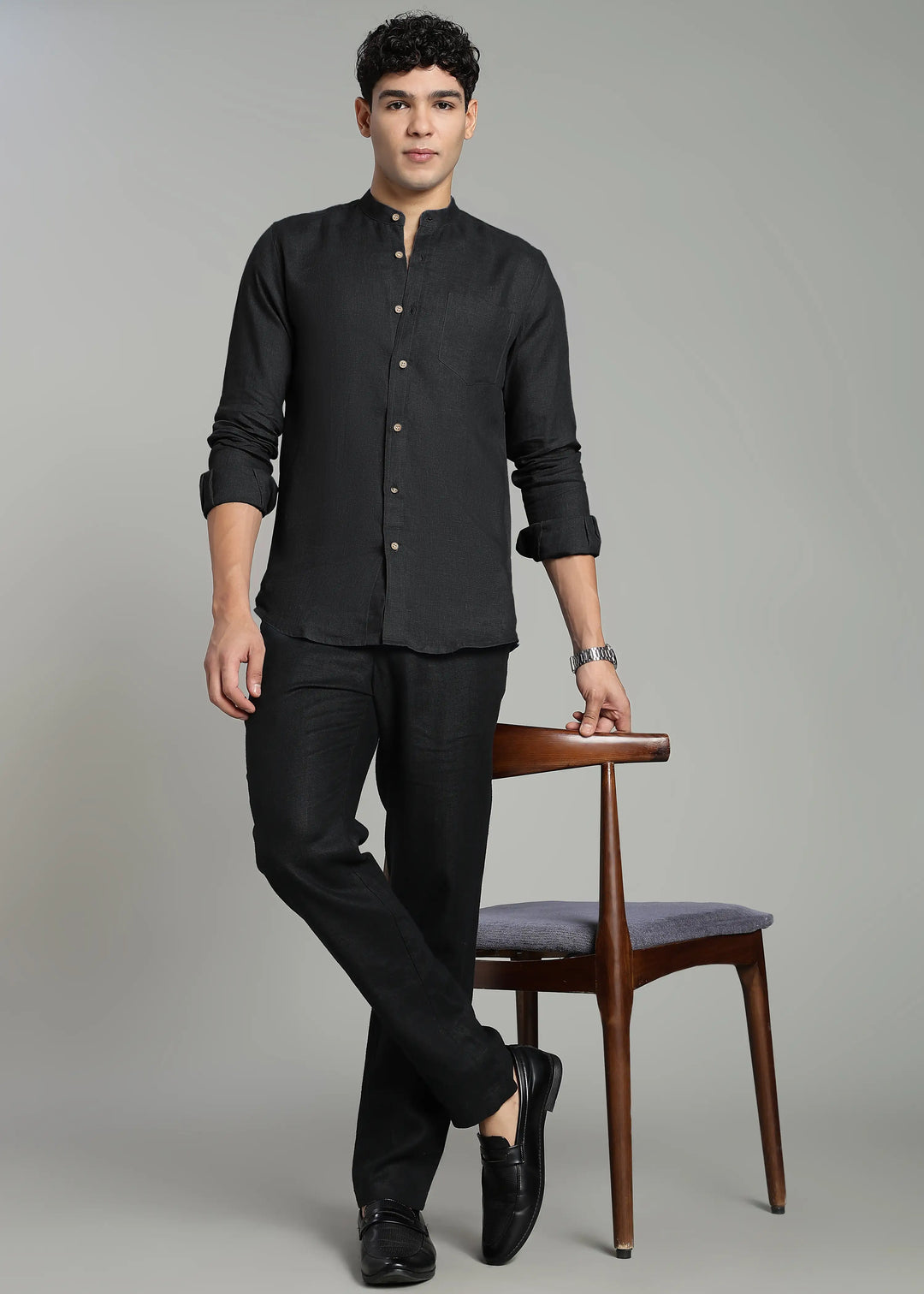 Aaron - Pure Linen Mandarin Collar Full Sleeve Shirt With Front Pocket - Black