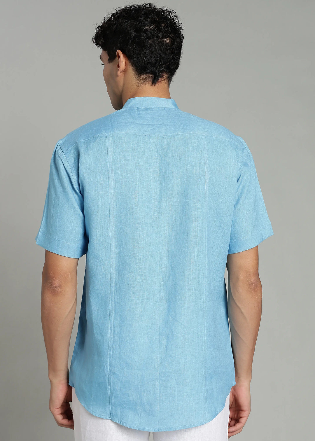 Trevor - Pure Linen Mandarin Collar Half Sleeve Shirt - Alaskan Blue