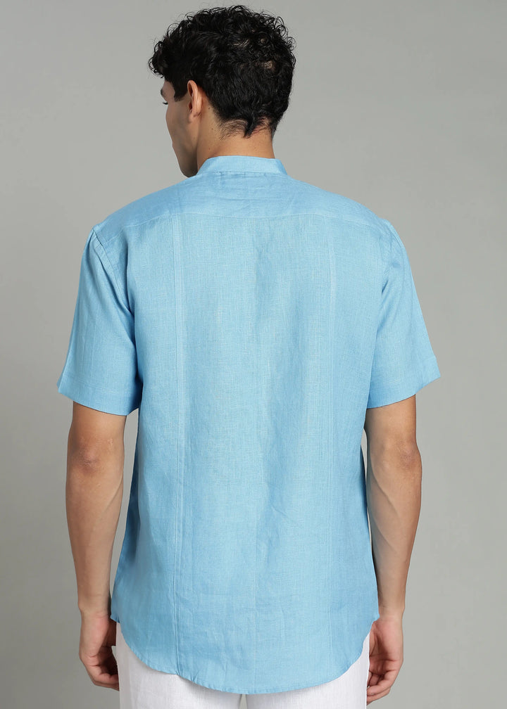 Trevor - Pure Linen Mandarin Collar Half Sleeve Shirt - Alaskan Blue
