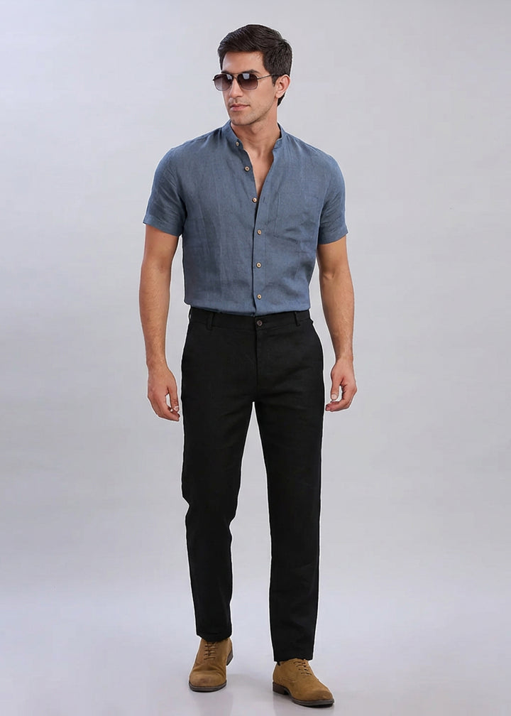 Executive Grey Linen Set - Trevor Half Sleeve Shirt Blue Grey and Ian Trousers Black