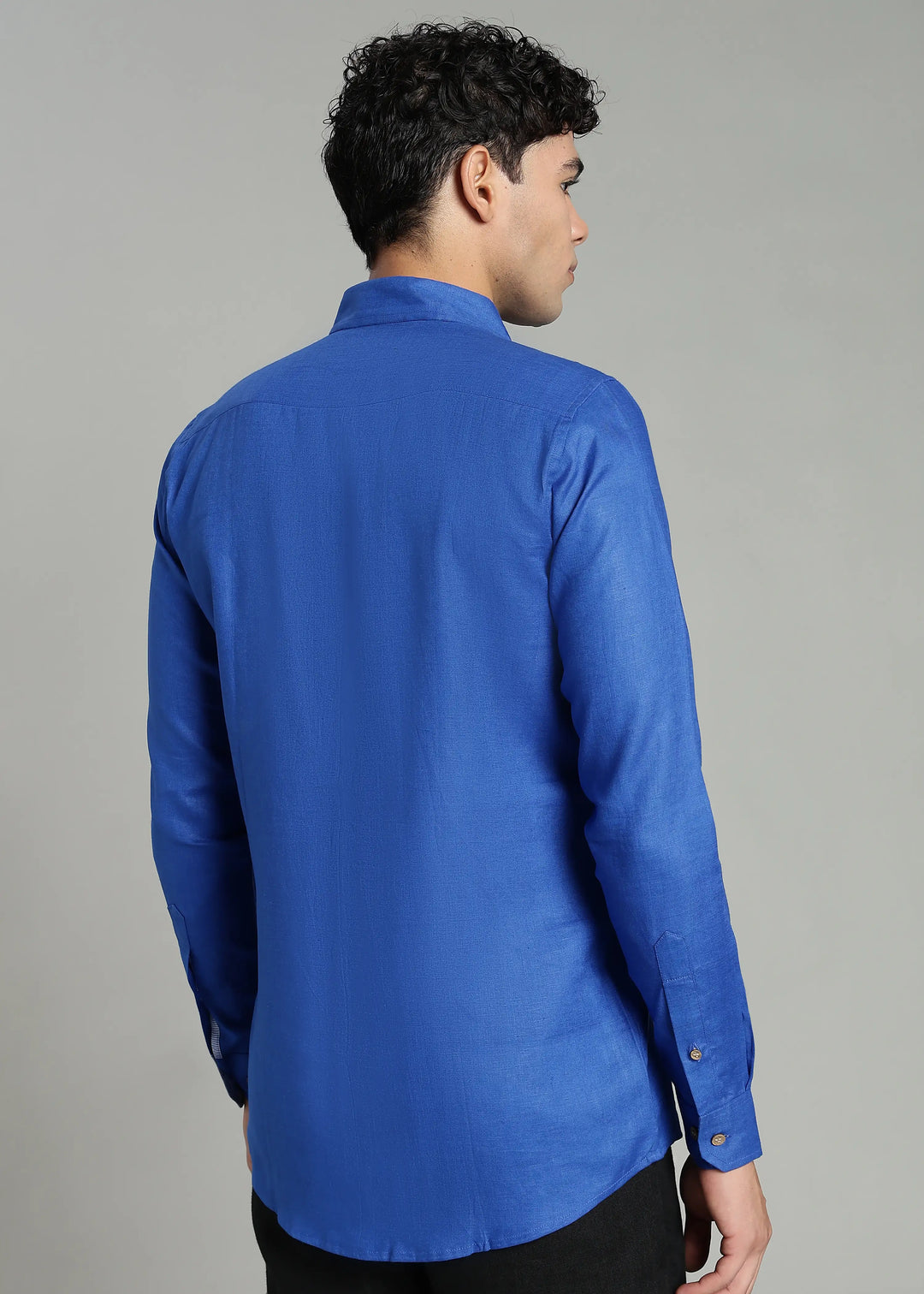 Keith - Pure Linen Full Sleeve Shirt with Blue Houndstooth Collar Band and Cuff Detail - Egyptian Blue