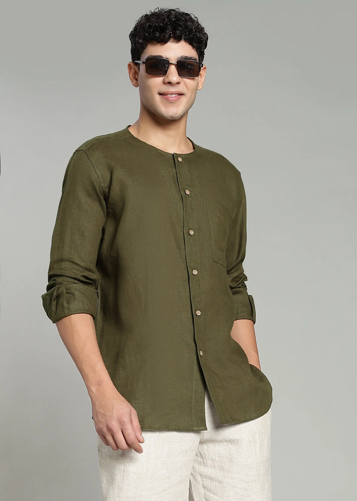Pedro - Collarless Pure Linen Full Sleeve Shirt - Moss Green
