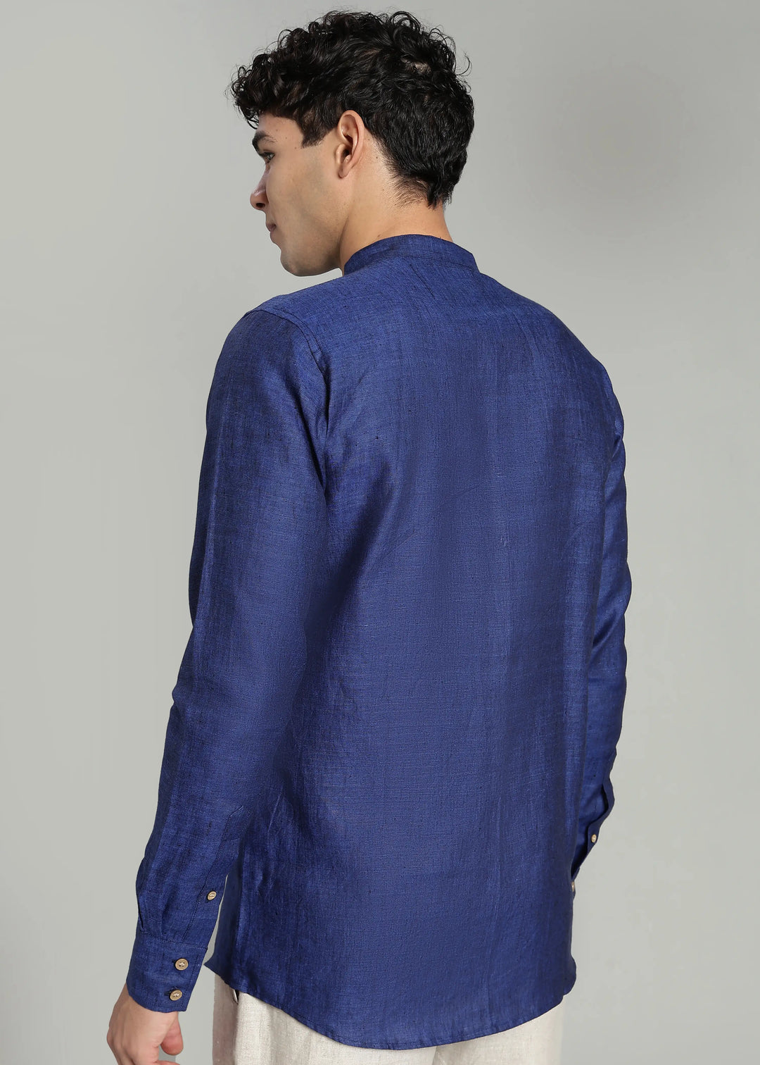 Flint - Pure Linen Shirt with Mandarin Collar & Trio Button Detail - Prussian Blue