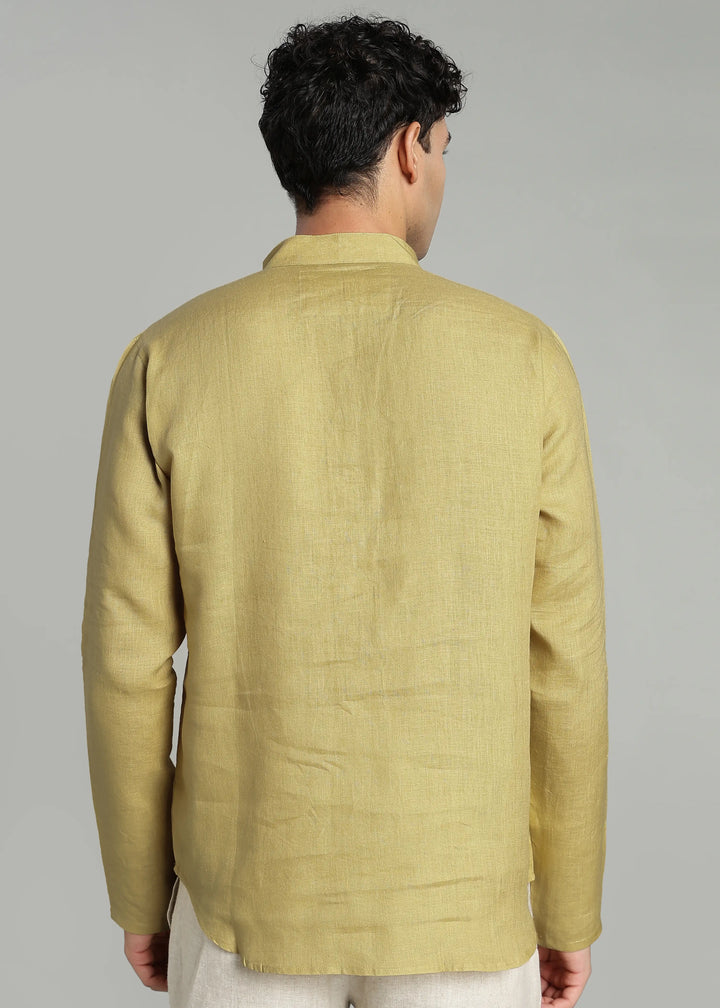 Zaeden - Pure Linen V Neck Full Sleeve Short Kurta Shirt - Sunburst Yellow