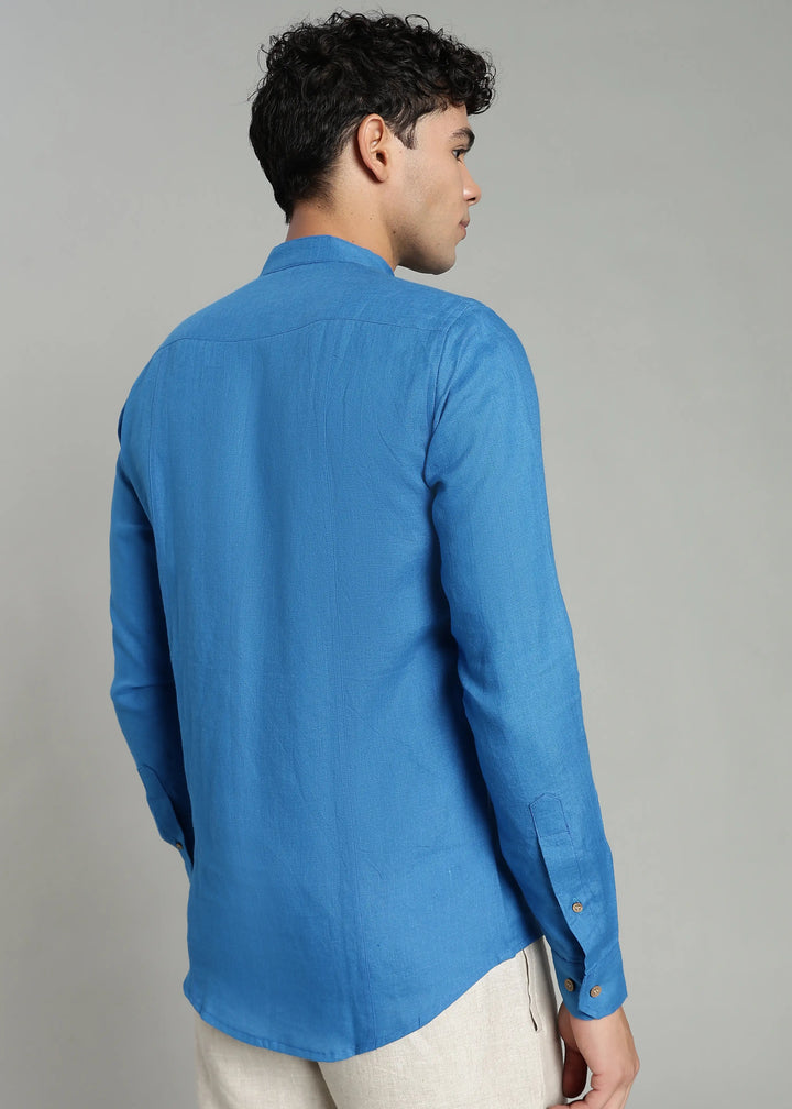 Trevor - Pure Linen Mandarin Collar Full Sleeve Shirt - Swedish Blue