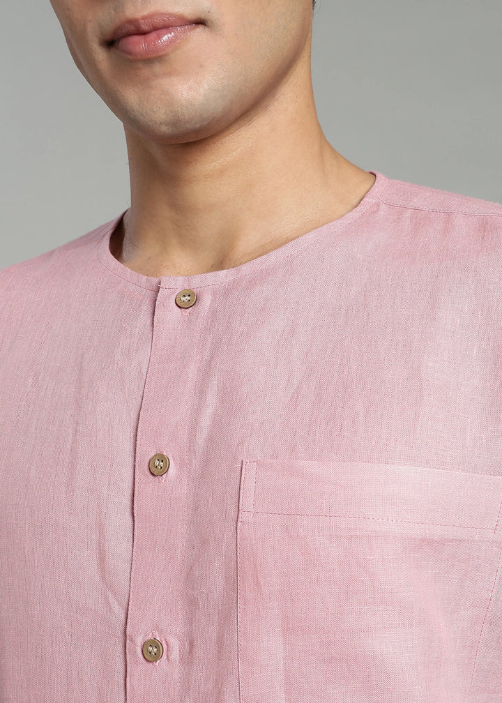Pedro - Collarless Pure Linen Half Sleeve Shirt - Salmon Pink