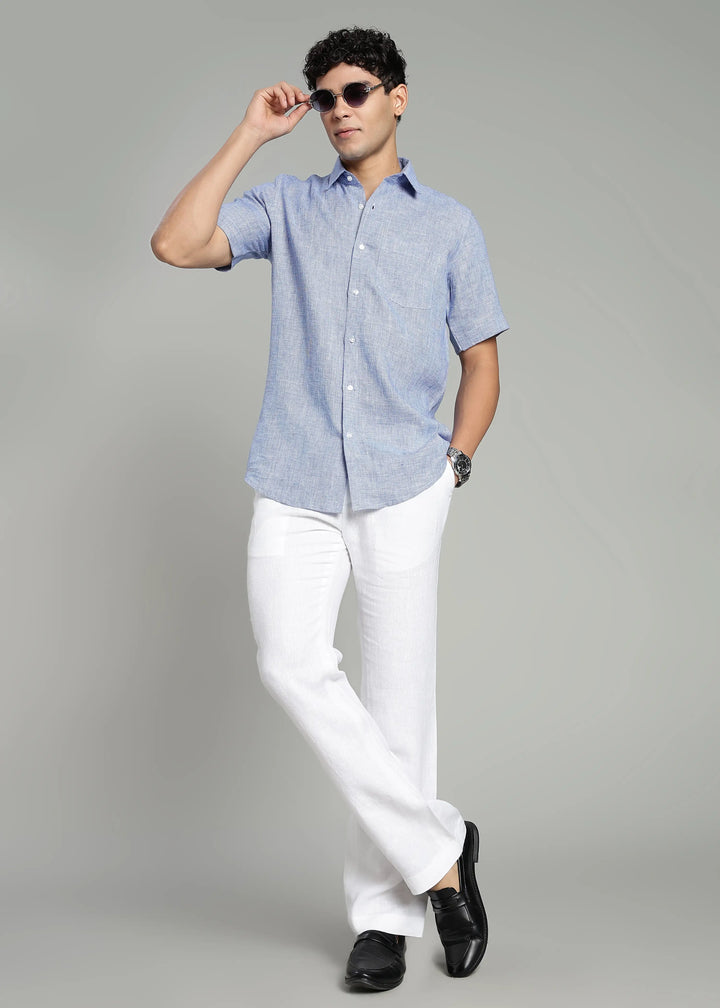 Ted - Pure Linen Short Sleeve Shirt - Blue Houndstooth