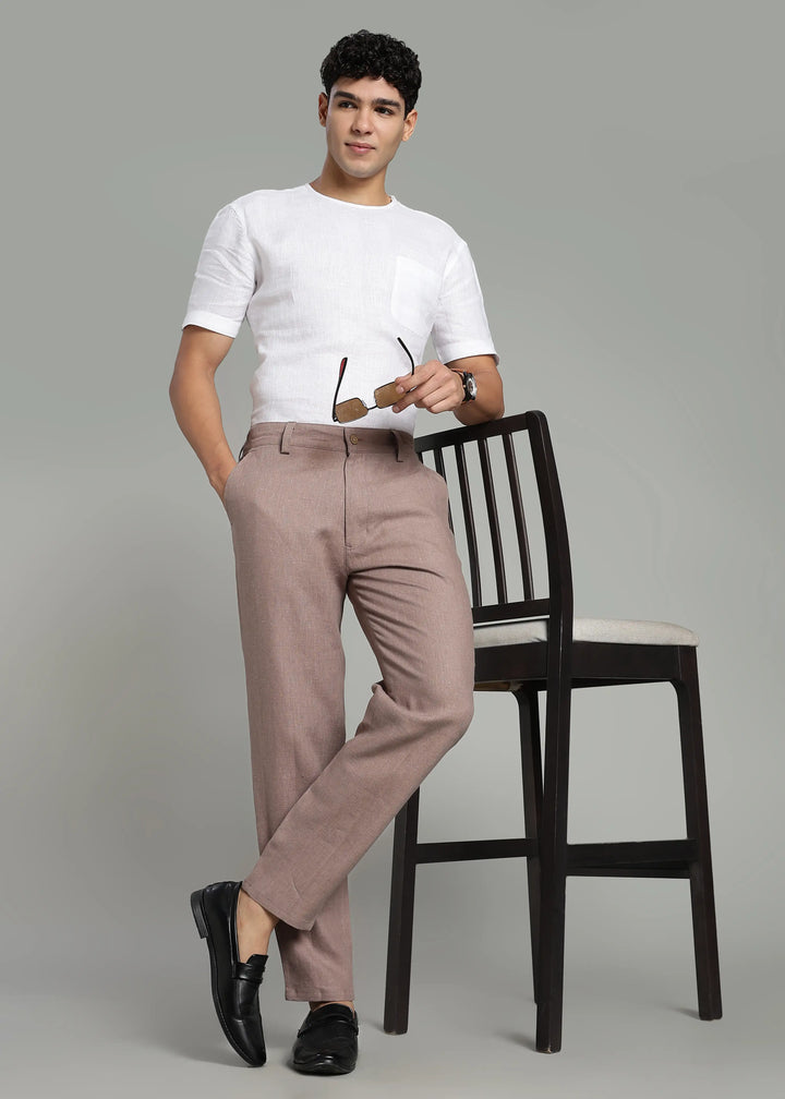 Scott - Pure Linen Back Elasticated Pants - Muted Brown