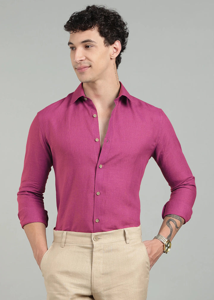 Ron - Pure Linen Full Sleeve Shirt - Raspberry Pink