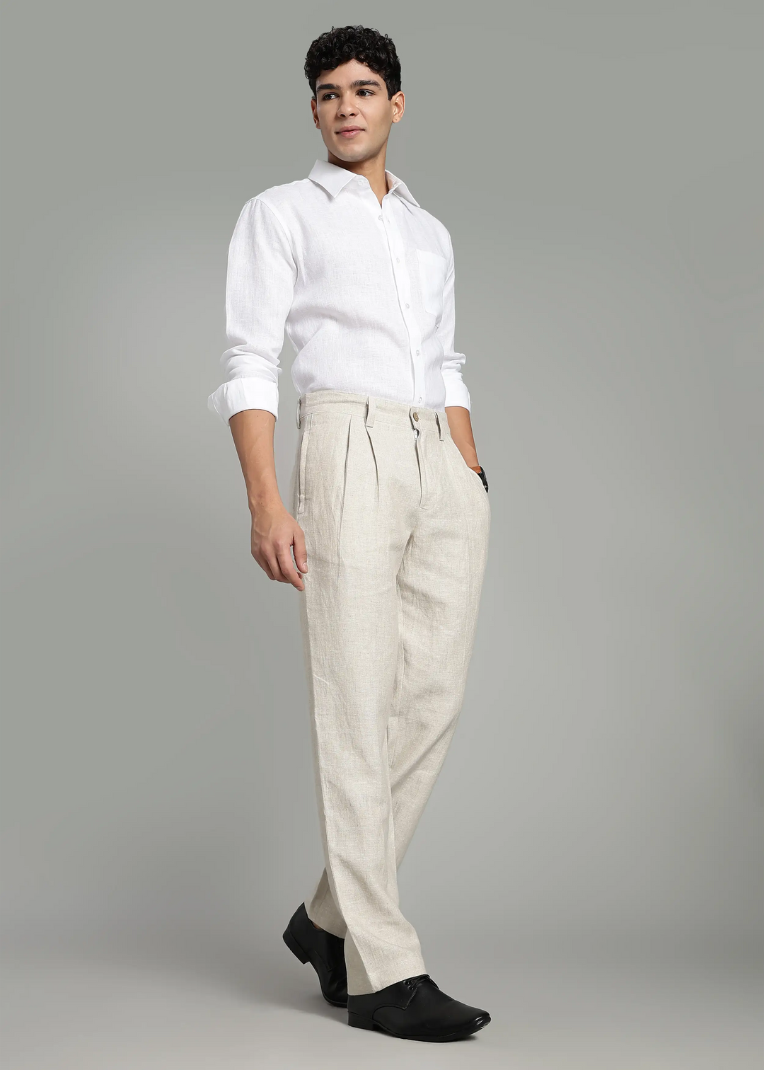 Calvin - Pure Linen Double Pleated Trousers - Ecru