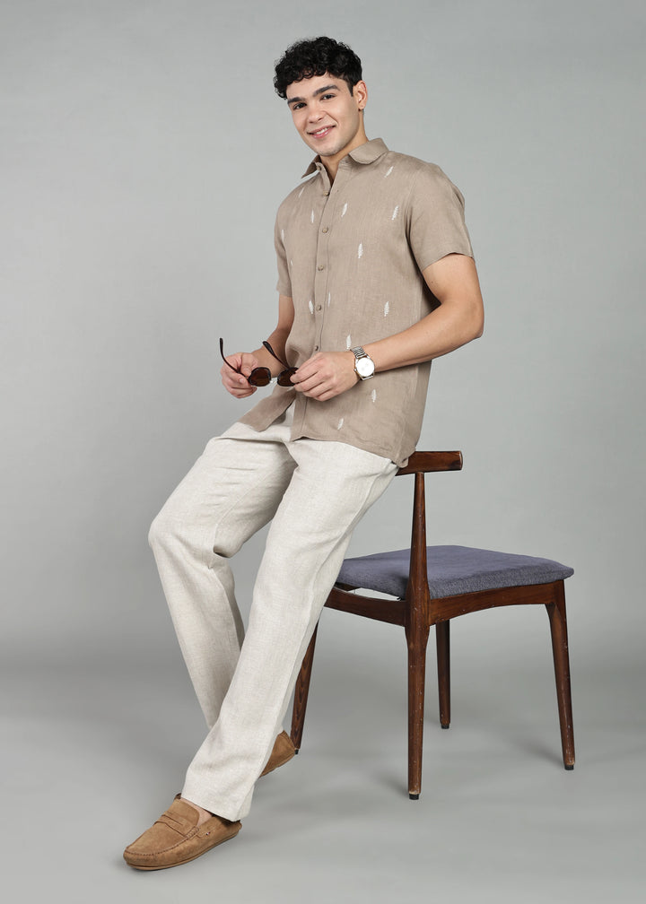 Touch Me Not - Pure Linen Half Sleeve Hand Embroidered Shirt - Stone Brown