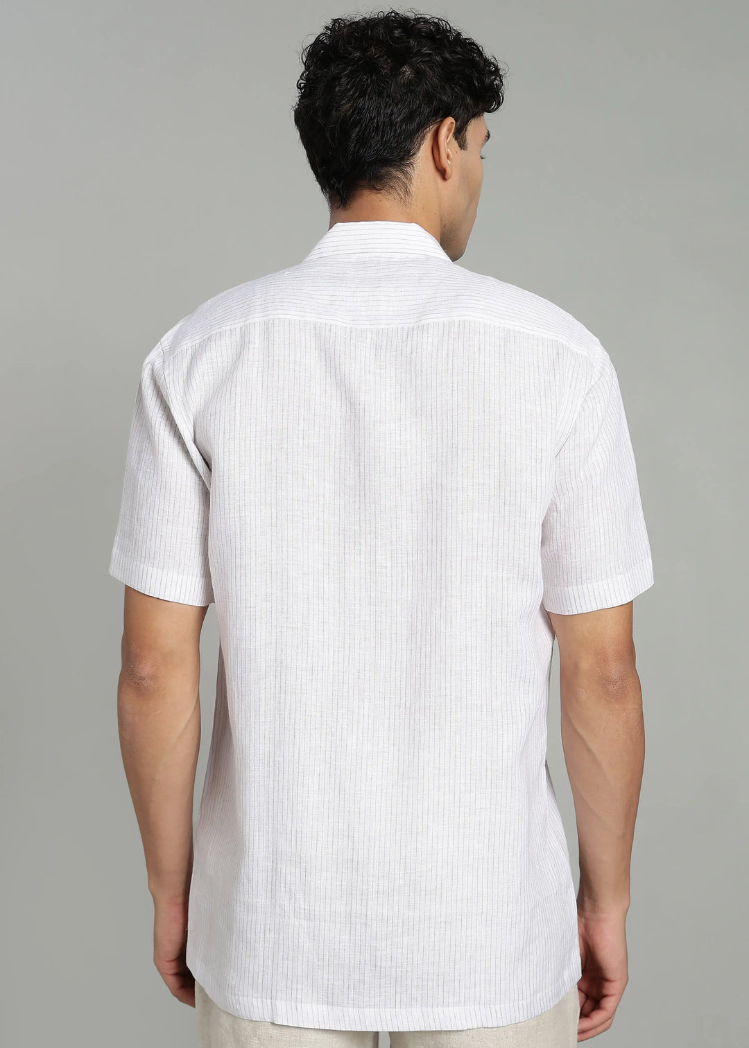Nathan - Cuban Collar Pure Linen Half Sleeve Shirt - Brown Pinstripe