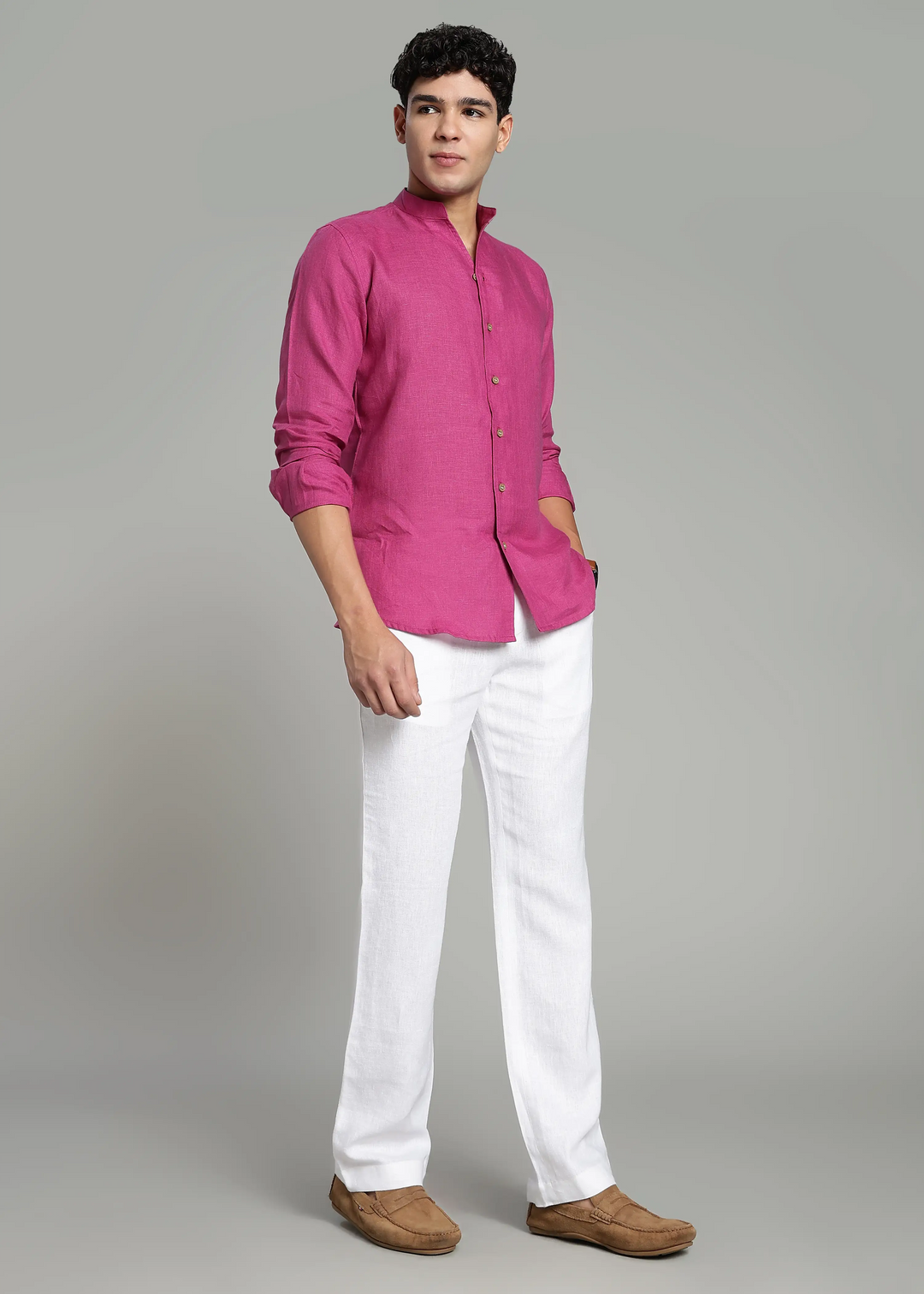 Craig - Pure Linen V Neck Full Sleeve Shirt - Raspberry Pink