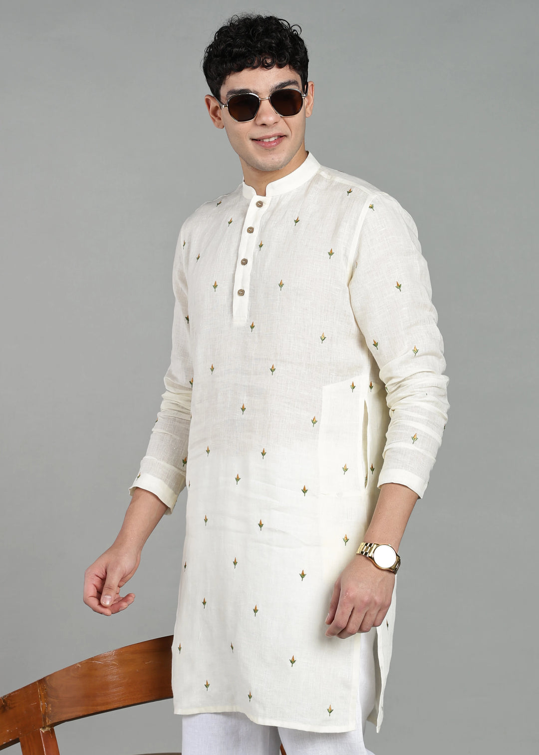 Kathir - Full Sleeve Mandarin Collar Pure Linen Embroidered Mid Kurta - Yellow on Creme White
