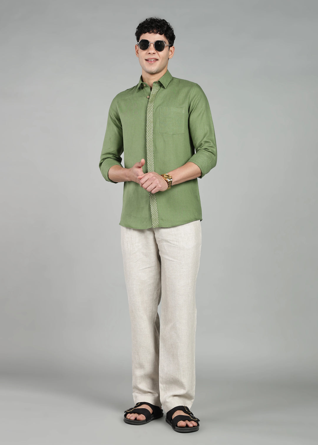Grove - Full Sleeve Shirt with Hand Embroidered Concealed Placket - Cossack Green