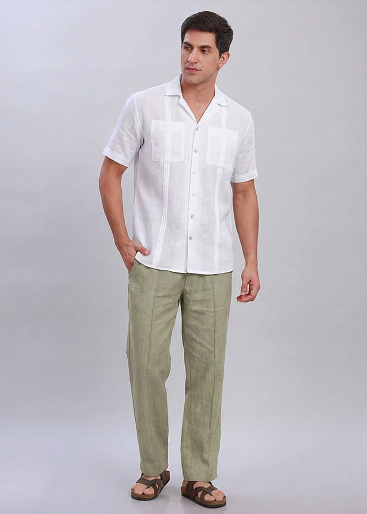 Urban Ease Linen Set - Oversized Half Sleeve Shirt White and Art Trousers Artichoke Green