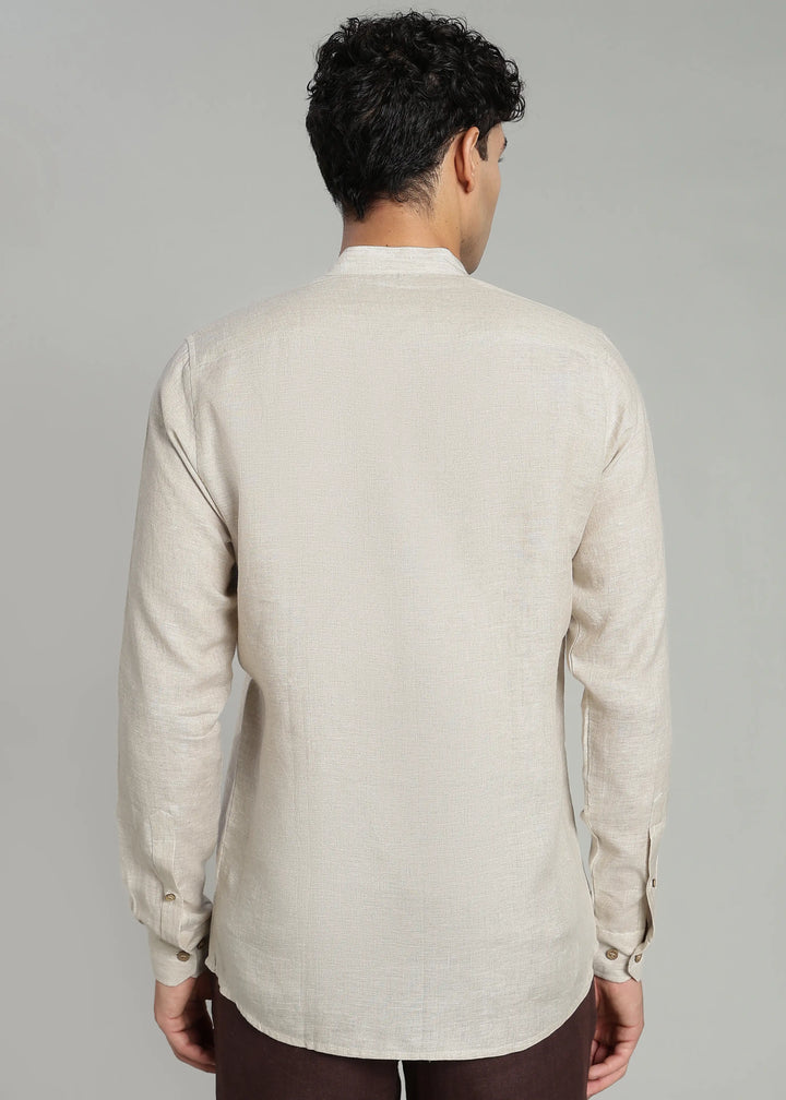 Ronan - Pure Linen Mandarin Collar Full Sleeve Shirt - Ecru