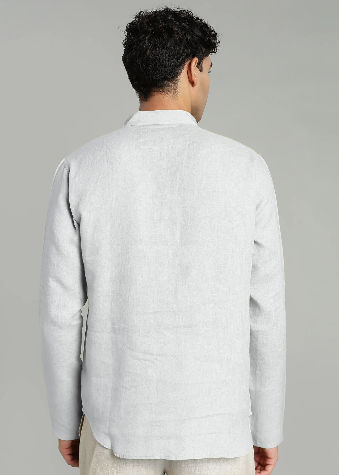 Zaeden - Pure Linen V Neck Full Sleeve Short Kurta Shirt - White