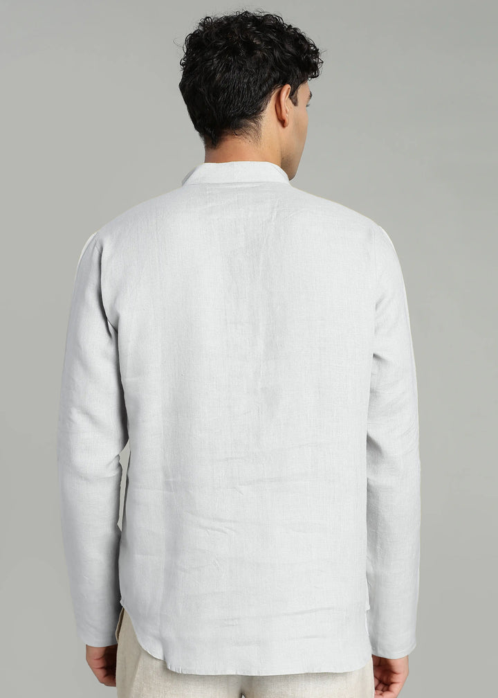 Zaeden - Pure Linen V Neck Full Sleeve Short Kurta Shirt - White