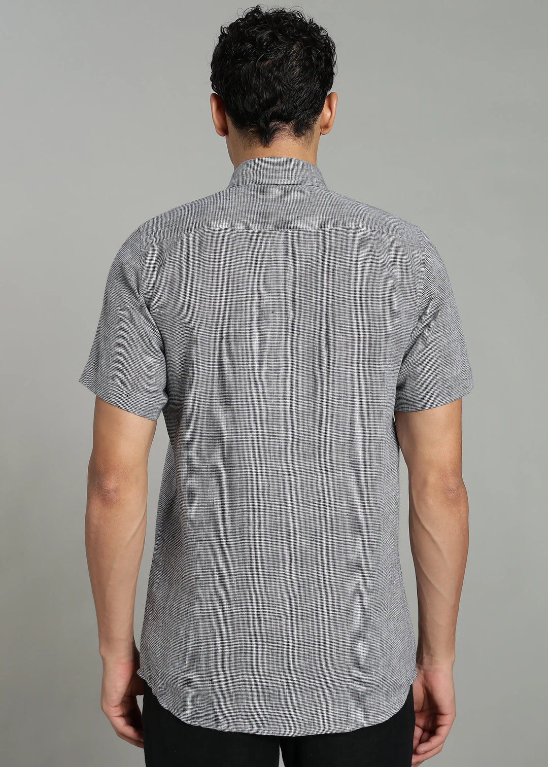 Jay - Pure Linen Appliqué Half Sleeve Shirt - Black Houndstooth