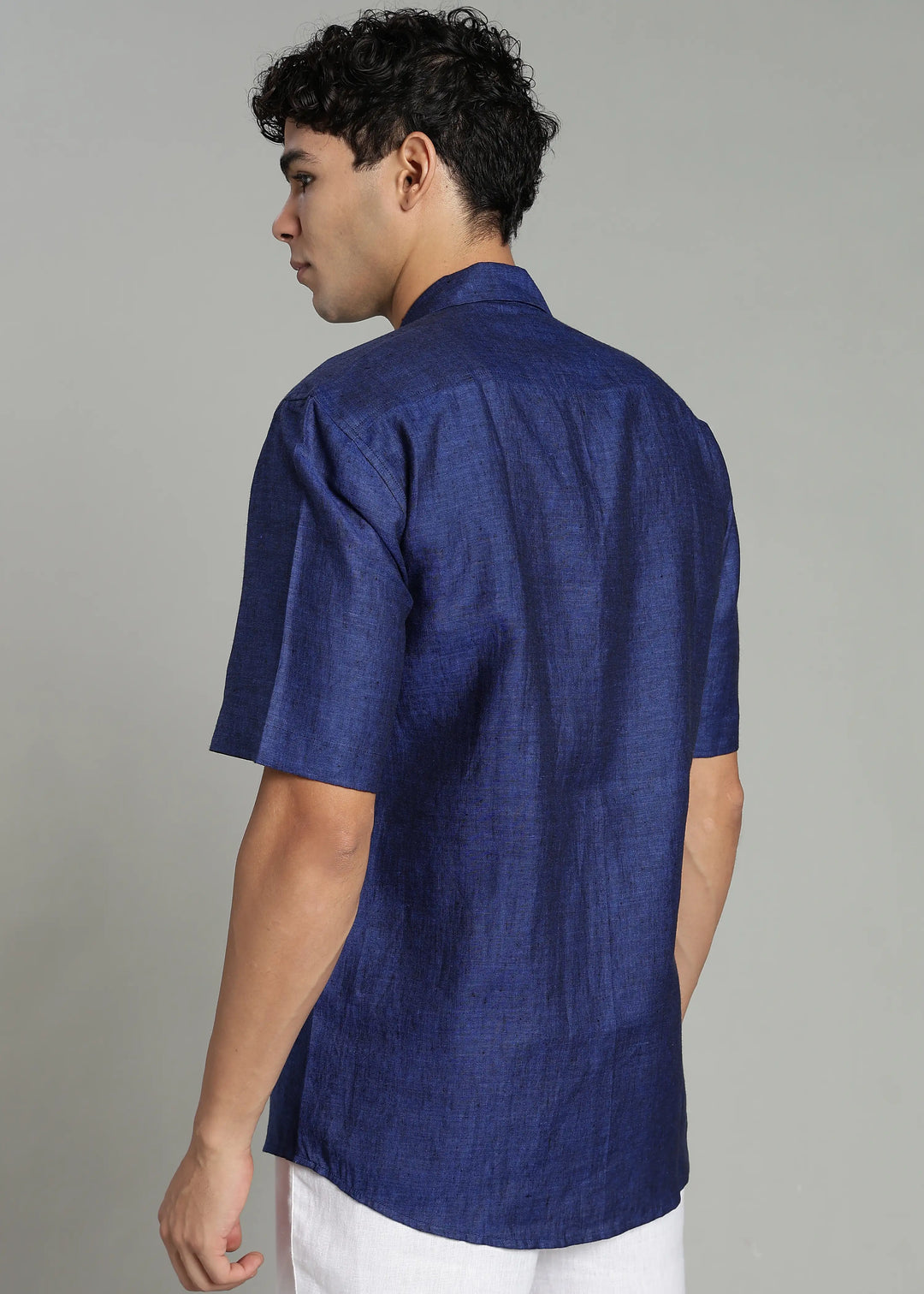 Oversized Pure Linen Cuban Collar Short Sleeve Shirt - Prussian Blue