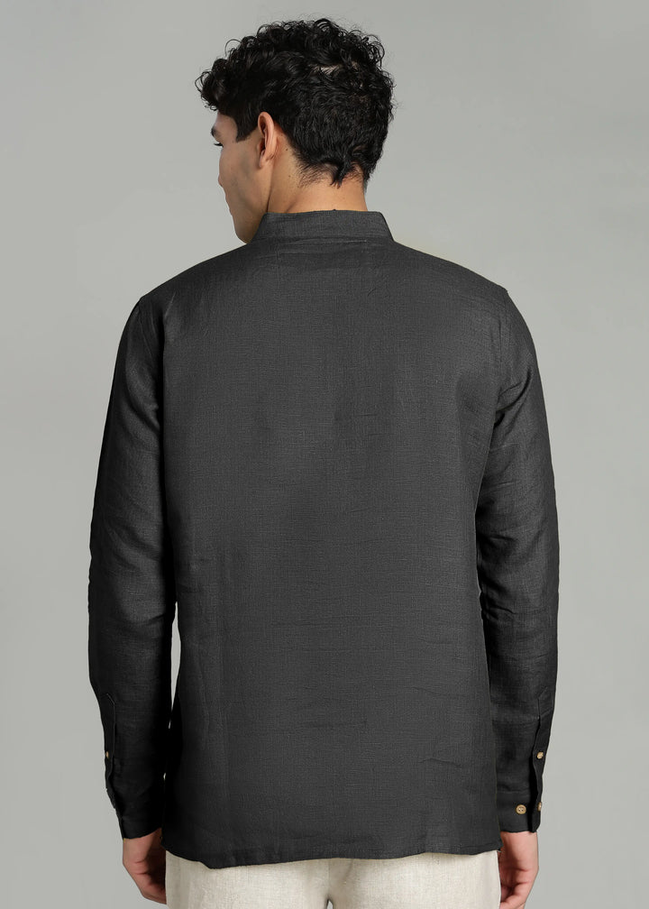Samir - Pure Linen Full Sleeve Short Kurta Shirt with Cuff - Black