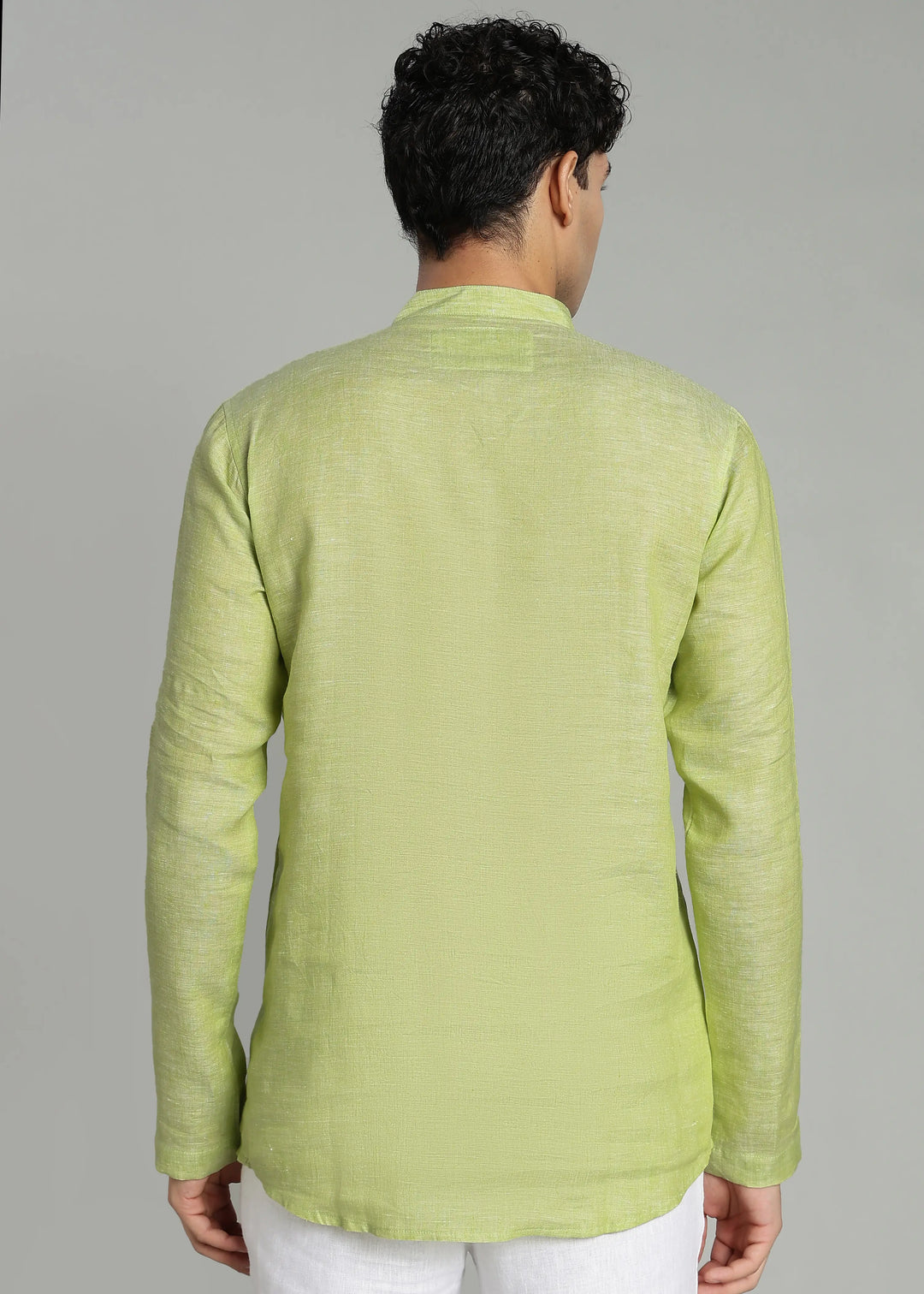 Arnav - Full Sleeve Broad-Notched Collar Pure Linen Short Kurta - Light Green Chambray