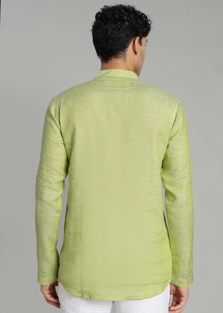 Arnav - Full Sleeve Broad-Notched Collar Pure Linen Short Kurta - Light Green Chambray