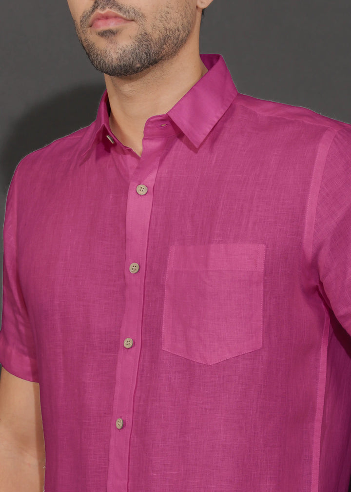 Harvey - Pure Linen Half Sleeve Shirt - Raspberry Pink