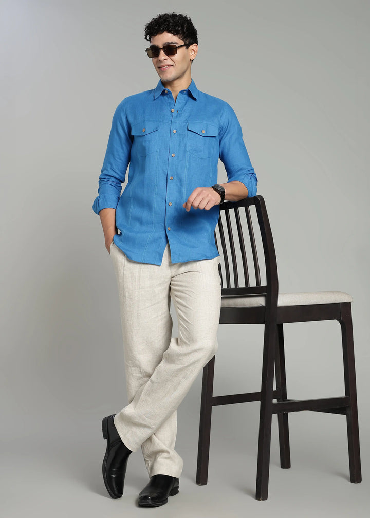 Thomas - Men's Pure Linen Double Pocket Full Sleeve Shirt - Swedish Blue